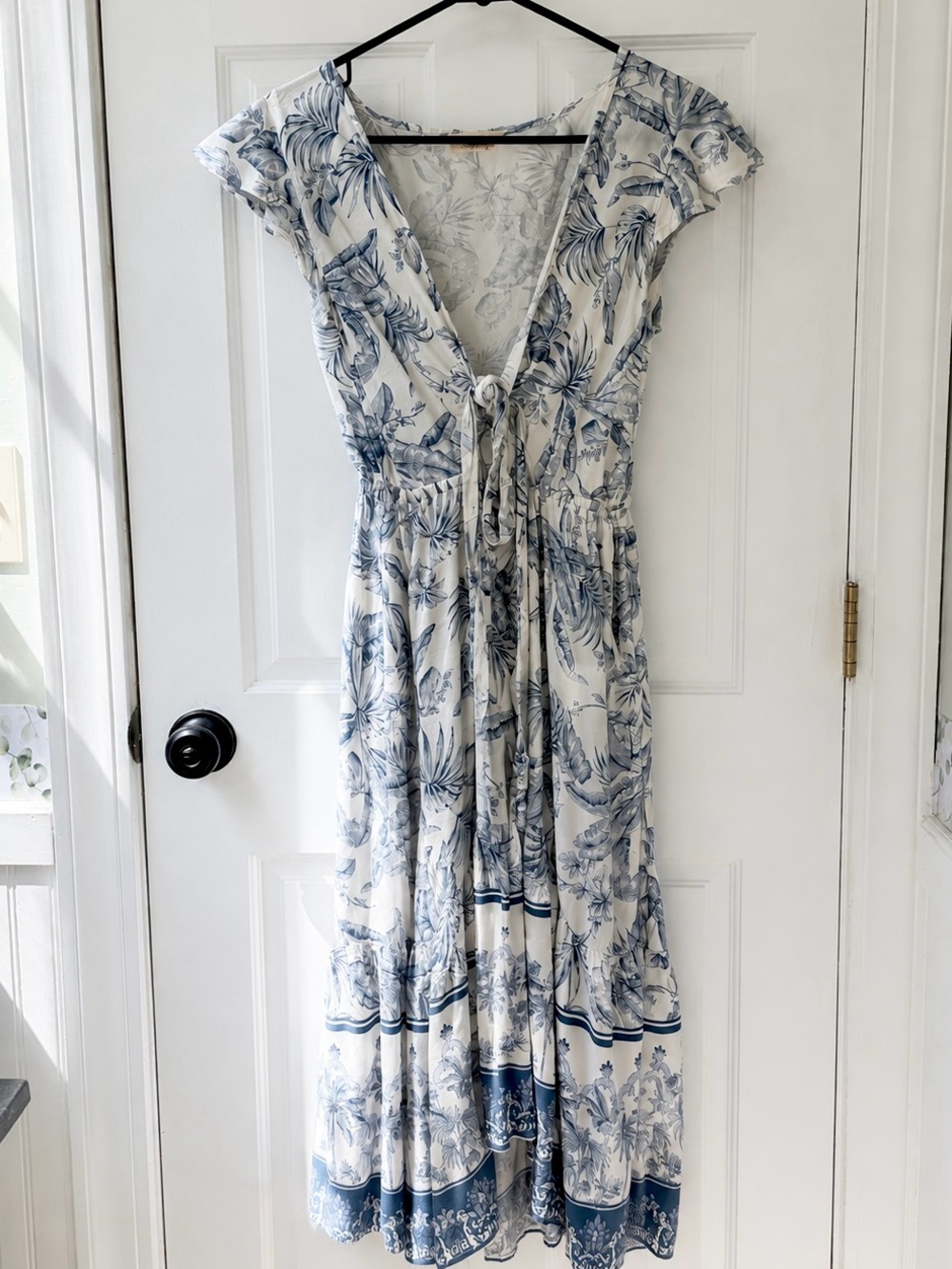Princess Polly Iris Maxi Dress Blue Tropical Print Tie Front Midi Dress US 4